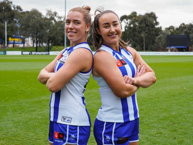 Tasmanians Mia King and Nicole Bresnehan will play their 50th AFLW games for North Melbourne in the season opener against Brisbane. Picture: Nathan John/NMFC