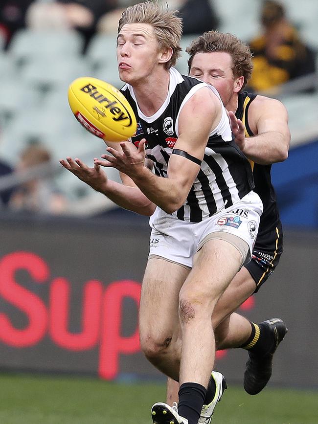 Todd Marshall marks in front of Glenelg young gun Will Gould. Picture SARAH REED