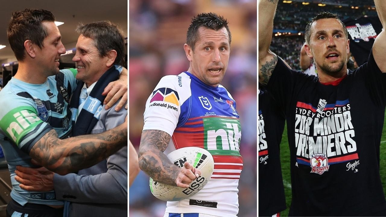 Mitchell Pearce with father Wayne Pearce (left), with the Knights (centre) and at the Roosters.