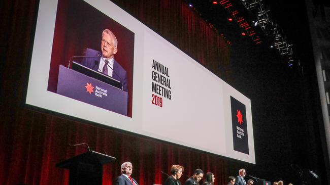 National Australia Bank Chairman, Philip Chronican (C) speaks at the National Australia Bank annual general meeting in Sydney on December 18. Picture: Getty Images