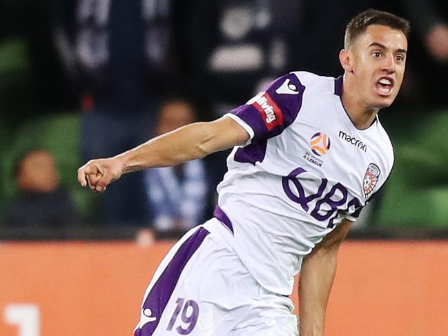 MELBOURNE, AUSTRALIA - OCTOBER 28:  Chris Ikonomidis of the Glory celebrates a goal during the round two A-League match between the Melbourne Victory and the Perth Glory at AAMI Park on October 28, 2018 in Melbourne, Australia.  (Photo by Michael Dodge/Getty Images)
