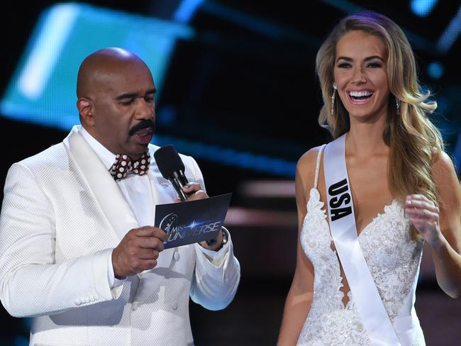 Host Steve Harvey asks Miss USA 2015, Olivia Jordan, a question at the 2015 Miss Universe Pageant. Picture: Ethan Miller/Getty Images