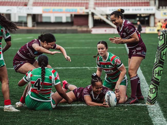 Lavinia Tauhalaliku scored five tries for the Manly Sea Eagles against the South Sydney Rabbitohs in the Harvey Norman Women's Premiership. Picture: Krystel Weekes