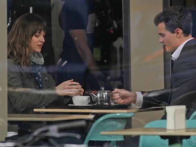 No froth seen in trailer ... Jamie Dornan and Dakota Johnson in filming for Fifty Shades of Grey.