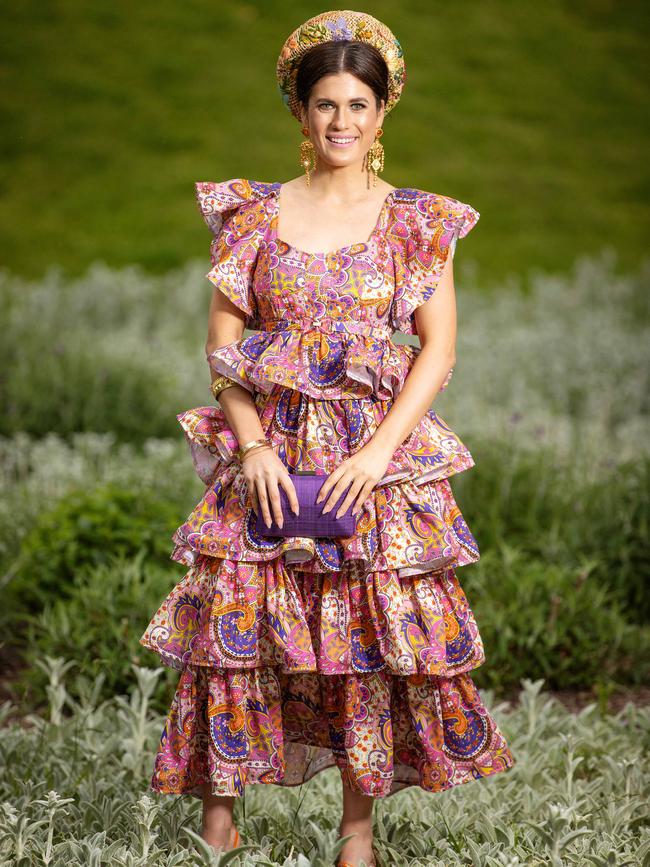 VRC Myer Fashion on the Front Lawn state finalist Peta Bell in her award-winning race day outfit. Picture: Mark Stewart