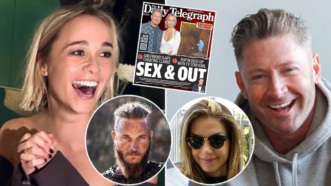 Jade Yarbrough, left, has been spotted with Hollywood royalty and Vikings star Travis Fimmel, inset left; while Michael Clarke, right, has apparently been seeing Eastern suburbs socialite Rique Miroshnik, inset right. Pictures: Supplied