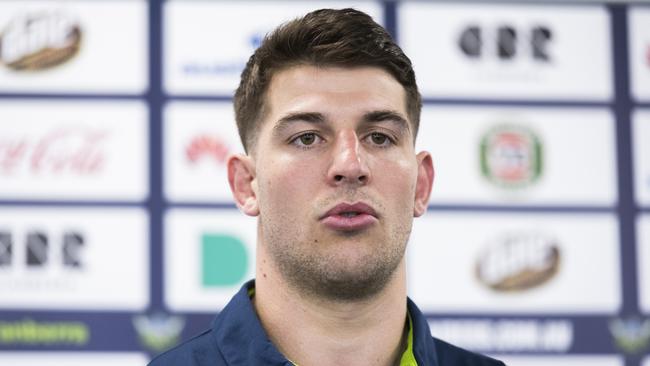 CANBERRA, AUSTRALIA - SEPTEMBER 11: Canberra Raiders NRL player Curtis Scott speaks to the media during a press conference on September 11, 2020 in Canberra, Australia. Scott was charged after being arrested on Australia Day in Sydney earlier this year. (Photo by Rohan Thomson/Getty Images)