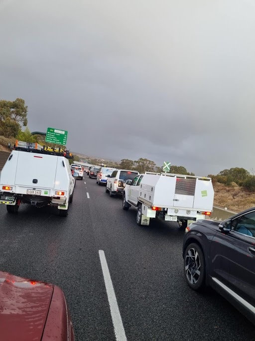 Heavily congested traffic on the Southern Expressway as wild weather lashes the state. Picture: Taylor Mason.