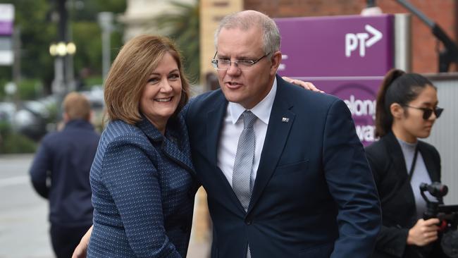 Corangamite MP Sarah Henderson greets Prime Minister Scott Morrison in Geelong. Picture: AAP Image/James Ross