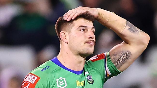 Curtis Scott of the Raiders look dejected after defeat during the round 11 NRL match between the Canberra Raiders and the Melbourne Storm at GIO Stadium, on May 22, 2021, in Canberra, Australia. (Photo by Mark Kolbe/Getty Images)