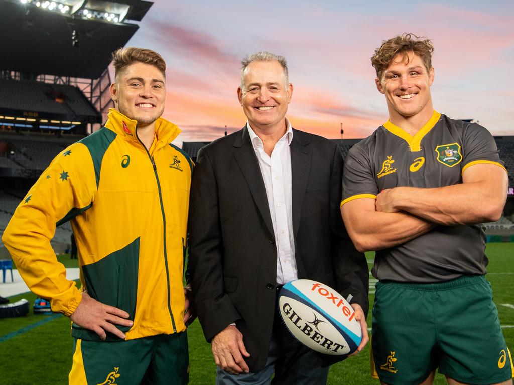 James O’Connor, David Campese and Michael Hooper in 2019. Picture: Rugby AU Media/Stuart Walmsley