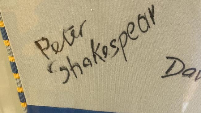 The autograph of the champion Peter Shakespear in the Graham Fowles boat shed.