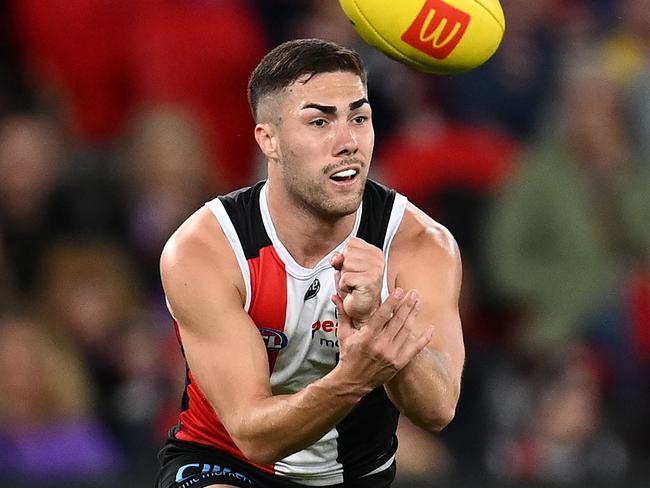 MELBOURNE, AUSTRALIA - APRIL 03: Jade Gresham of the Saints handballs during the round three AFL match between the St Kilda Saints and the Richmond Tigers at Marvel Stadium on April 03, 2022 in Melbourne, Australia. (Photo by Quinn Rooney/Getty Images)