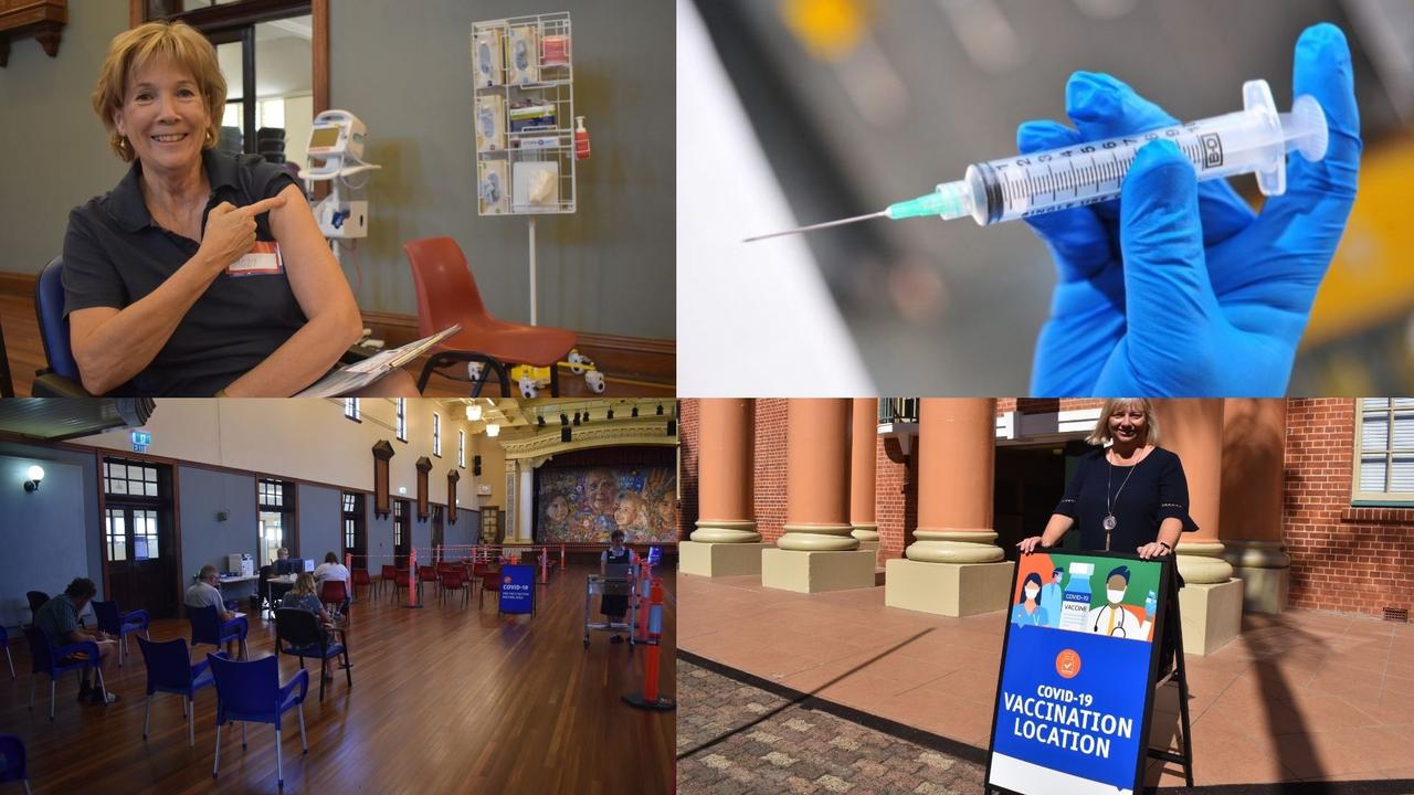 (Top left): Jane Dixon shows off where she received her COVID Vaccine. (Top right) A generic syringe. (Bottom left) the waiting room at the Maryborough City Hall, now a COVID vaccination hub. (Bottom right) Executive Director of Nursing and Midwifery at WBHHS Fiona Sewell. Photo: Stuart Fast