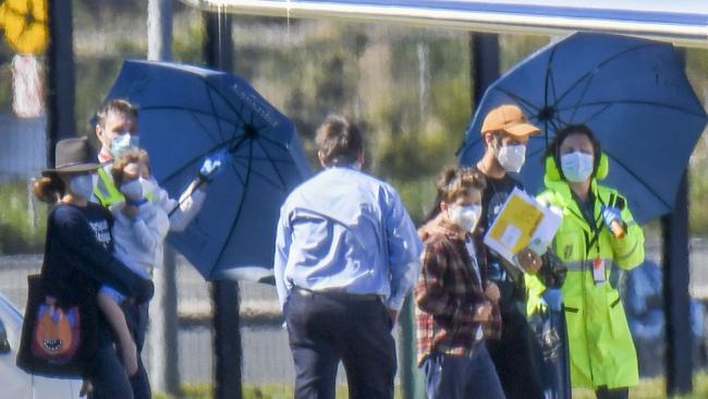 Natalie Portman and Benjamin Millepied, with children Aleph and Amalia, board a private jet for an international flight out of Australia. Picture: Media Mode