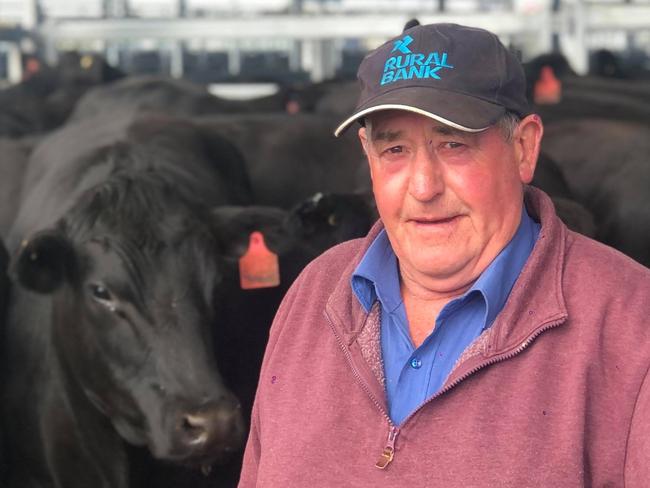 Vendor Allan Pearce from Bullarto South sold the top-priced pen of grown steers for $2600 or 393c/kg for 25 Angus steers at 661kg. Ballarat store cattle sale. February 26, 2021. Picture: Petra Oates