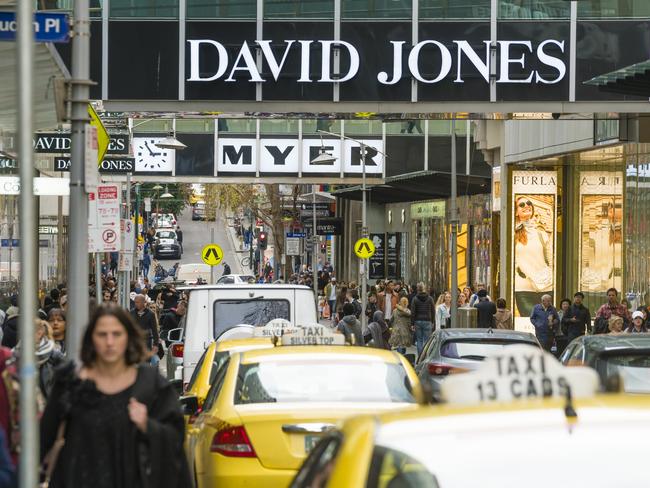 Melbourne, Australia - Jul 2, 2016: People walking along Little Bourke street in downtown Melbourne, Australia. It is a popular shopping area with major department stores such as Myer and David Jones.