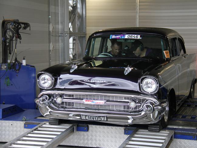 Andrew and Wendy McCrae's 57 Chevrolet Belair two door on the Insane Performance chassis dyno at Rockynats. Picture: Rodney Stevens