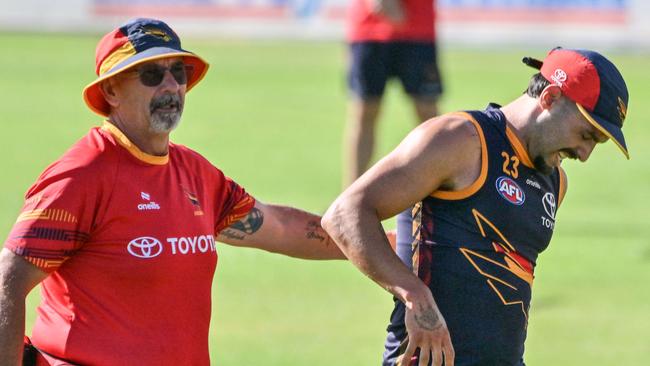 JANUARY 27, 2025: Izak Ranking injures his ankle at Crows training at Richmond Oval. Picture: Brenton Edwards