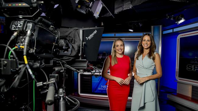 News anchor Amanda Abate (right), with one of the young reporters she mentors, Carly Madsen, at the Channel 7 Gold Coast studio in Surfers Paradise, says she derives great satisfaction helping out the new generation just as she was given assistance by the “old hands” when her career started. Picture: Jerad Williams