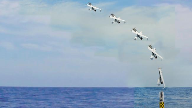 A multiple-exposure image of the launch of an all-electric, fuel cell-powered unmanned aerial system from a submerged US submarine. Picture: AFP/USN