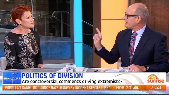 A screen-grab obtained on Monday, March 18, 2019, shows Seven's Sunrise host David Koch on the breakfast news show challenging One Nation leader Pauline Hanson over her anti-Muslim rhetoric. Picture: AAP Image/Supplied via Seven's Sunrise