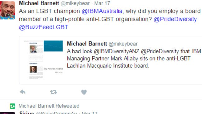 Michael Barnett’s tweets targeting IBM and Mark Allaby.