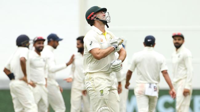 Mitchell Marsh leaves the field after being dismissed cheaply in the Boxing Day Test — his one Test of the summer. Picture: AAP