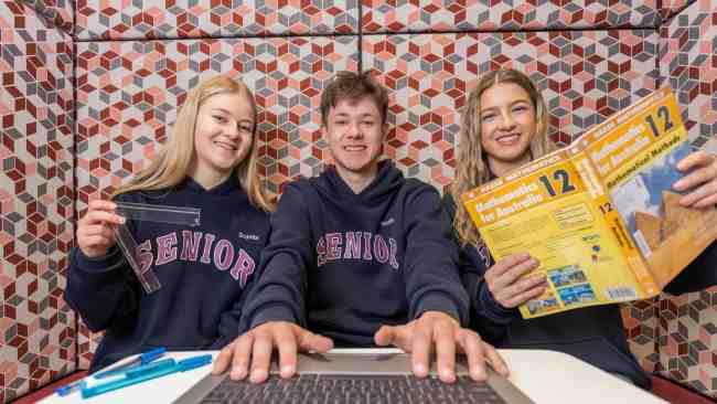 Year 12 triplets Sophia, Noah,and Zoe  Stanbridge at Heathfield High School's study booth for yr12s. Pictured on October 30th 2023. Picture: Ben Clark