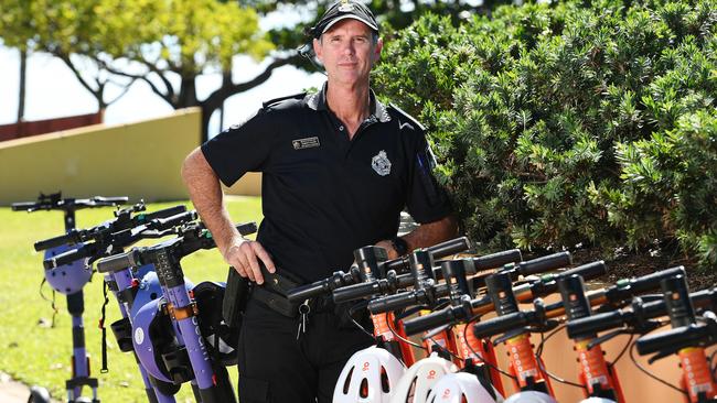 Townsville Highway Patrol Officer in Charge Senior Sergeant Robert Nalder speaks on e-scooter safety and education operation in Townsville. Picture: Shae Beplate.