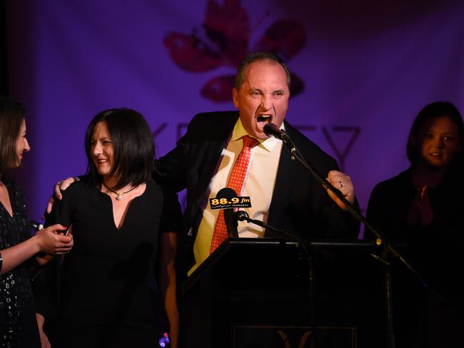 Deputy Prime Minister and leader of the National Party Barnaby Joyce claims victory. Picture: Dan Himbrechts