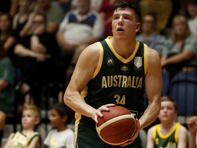 BENDIGO, AUSTRALIA - FEBRUARY 22: Dejan Vasiljevic of Australia shoots from the arc during the FIBA Asia Cup 2025 Qualifying match between Australia Boomers and Korea at Red Energy Arena on February 22, 2024 in Bendigo, Australia. (Photo by Daniel Pockett/Getty Images)