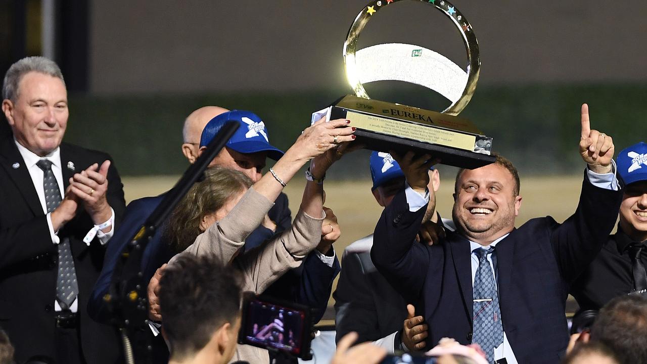 Connections of Don Hugo celebrate after his victory in the TAB Eureka Picture: Wendell Teodoro/Getty Images for Club Menangle