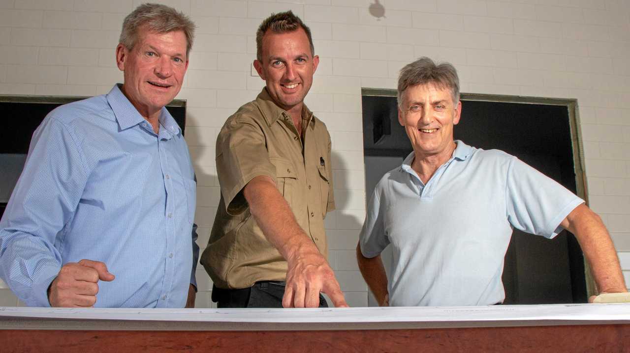 Member for Lockyer Jim McDonald with Rusty's Service Station builder John Fazackerley and owner Ross McPhee. Picture: Dominic Elsome