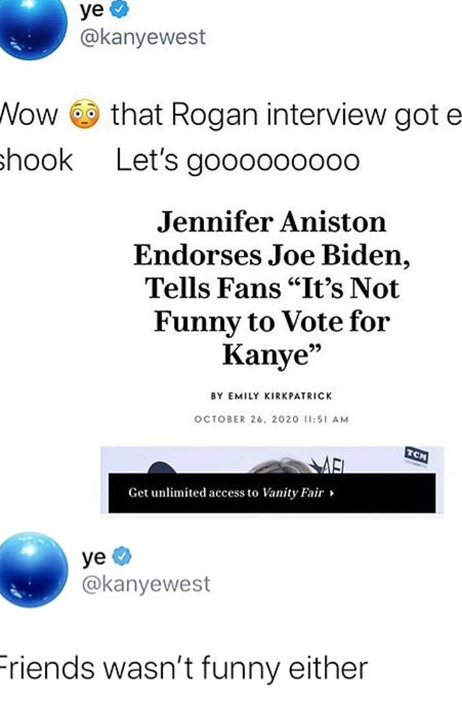 Kanye hit back at Aniston on Twitter