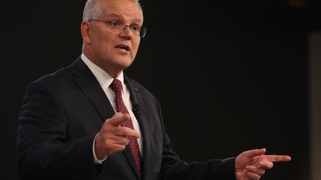 Prime Minister Scott Morrison addresses the first leaders’ debate in Brisbane. Picture: Jason Edwards