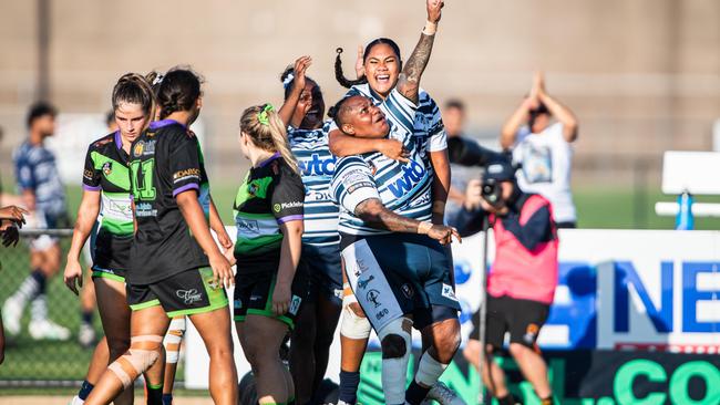 Leeanne Allia celebrates a try as the Darwin Brothers beat the Palmerston Raiders in the 2024 NRL NT women's grand final. Picture: Pema Tamang Pakhrin