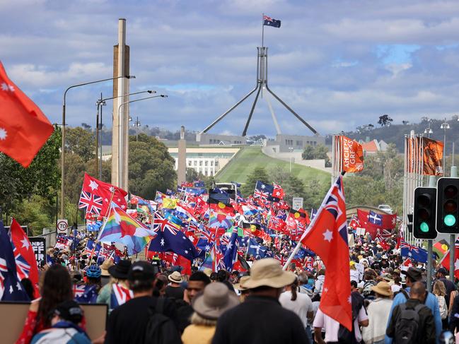 CANBERRA, AUSTRALIA NewsWire Photos FEBRUARY, 05 2022:  Thousands of people have turned up in the nationÃ¢â¬â¢s capital Canberra to protest as part of the Millions March. A massive crowd all waving flags brought the main access road to Parliament House to a holt as they crossed the Commonwealth bridge. Picture: NCA NewsWire / Gary Ramage