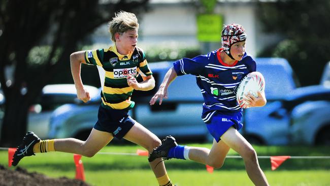 SURFERS PARADISE RUGBY, GOLD COAST , AUSTRALIA - April 10, 2021: Surfers Paradise Dolphins U14sv USQ Saints U14s - Day Two of King of the Country rugby tournament.Played at Surfers Paradise Eagles Rugby Ground at Southport. Picture: Scott Powick Newscorp
