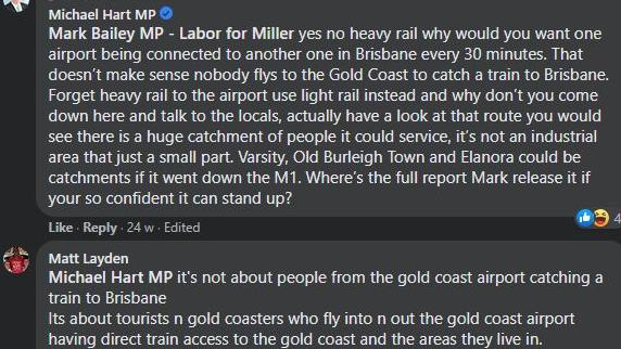 Burleigh MP Michael Hart in Facebook comments from his March 7 post, criticising the idea of a heavy rail link to the airport. He has since done a u-turn on the issue and backed an LNP business case which would see the heavy rail featured as the "missing link" in the Gold Coast transport network. Photo: Facebook