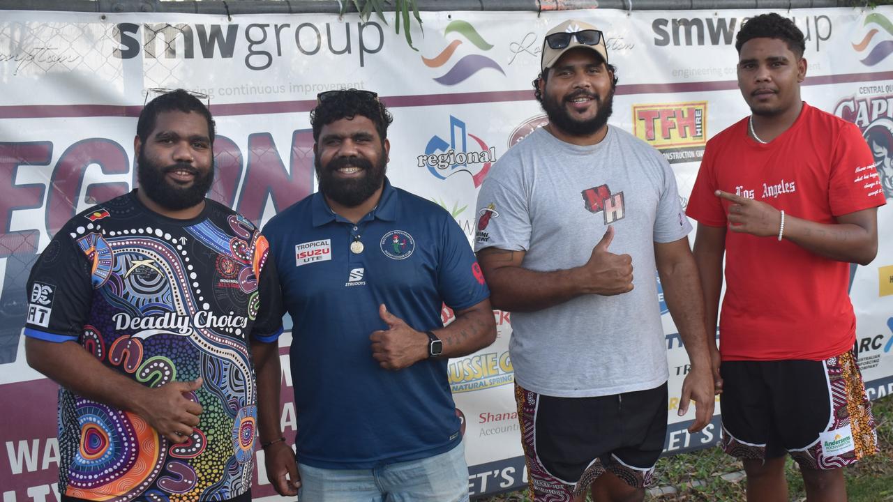 Taronga Bulmer, Michael Ray, Lenny Stanley and Shaqalim Miller at the Capras versus Comets Legends game at Rugby Park, Rockhampton, on October 26, 2024.