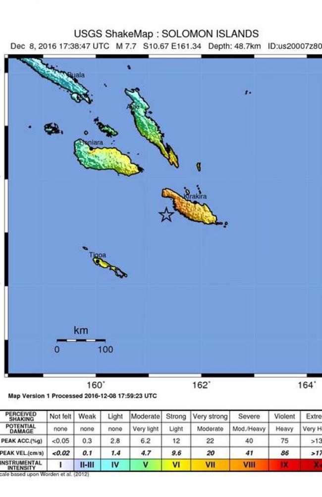 The USGS documented strong shaking in parts of the Solomon Islands during the quake. Picture: USGS