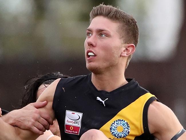 James McCubbin of Mitcham snaps for goal during the EFL Division 2 match between Mitcham and Doncaster East played at Walker Park on Saturday 29th July, 2017. Picture: Mark Dadswell