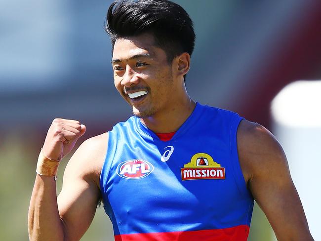 MOE, AUSTRALIA - MARCH 10: Lin Jong of the Bulldogs celebrates a goal during the JLT Community Series AFL match between Collingwood Magpies and the Western Bulldogs at Ted Summerton Recreational Reserve on March 10, 2018 in Moe, Australia.  (Photo by Michael Dodge/Getty Images)