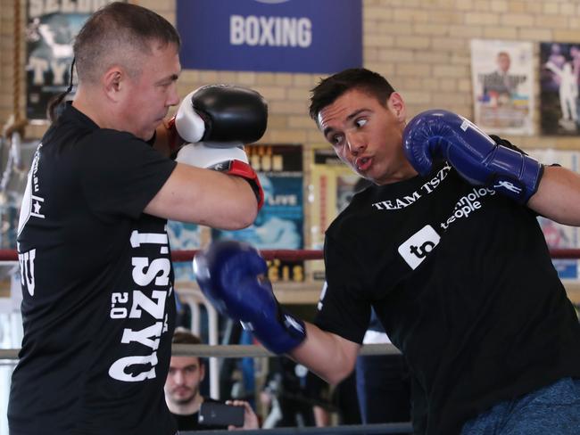 Tim Tszyu trains with this father Kostya. Picture: David Swift