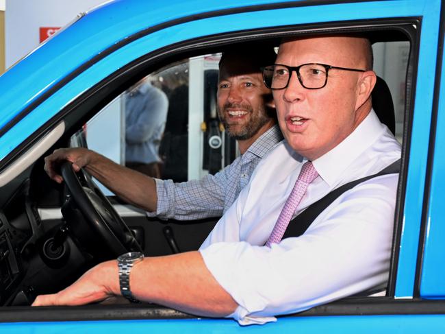 PERTH, AUSTRALIA - MAY 02: Opposition Leader Peter Dutton joined by Liberal candidate for Moore, Vince Connelly visit a fuel station in the electorate of Moore on May 02, 2025 in Perth, Australia. Australia will hold a federal election on May 3. (Photo by Dan Peled/Getty Images)