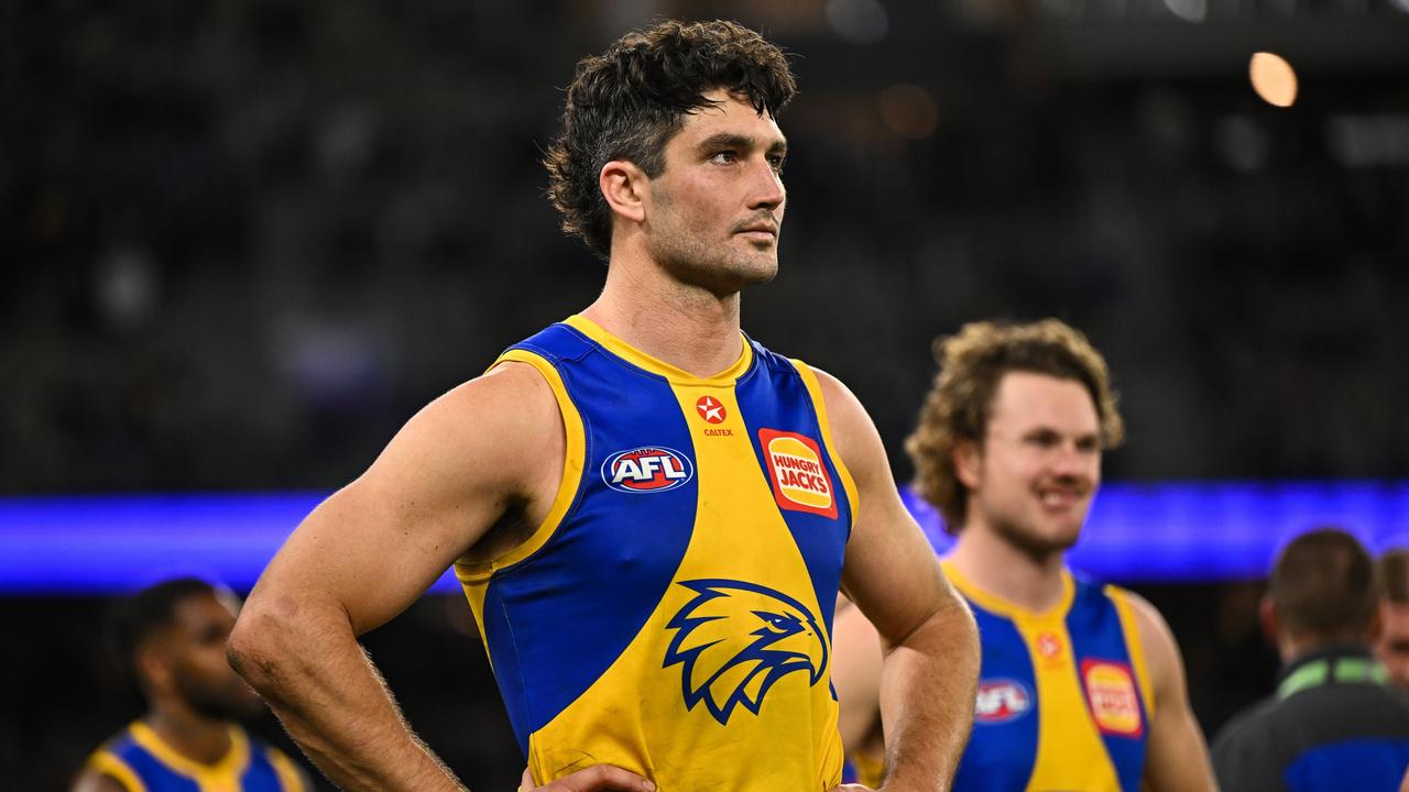 PERTH, AUSTRALIA - JULY 27: Tom Barrass of the Eagles looks on after the loss during the 2024 AFL Round 20 match between the Fremantle Dockers and the West Coast Eagles at Optus Stadium on July 27, 2024 in Perth, Australia. (Photo by Daniel Carson/AFL Photos via Getty Images)