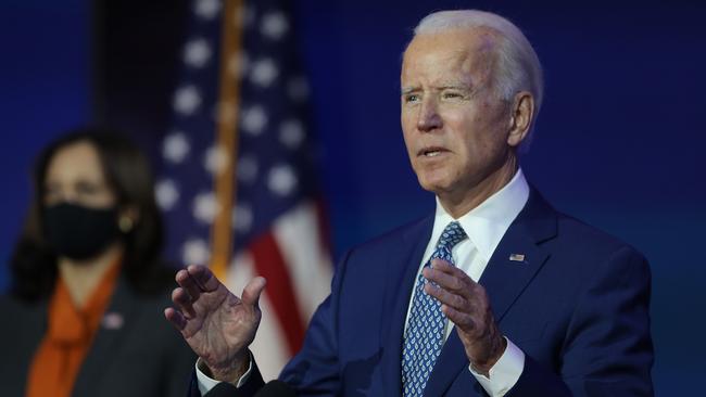 U.S. President-elect Joe Biden speaks to the media while flanked by Vice President-elect Kamala Harris. Picture: Joe Raedle/Getty Images/AFP