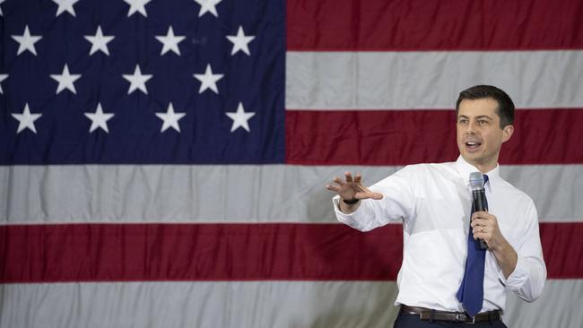 Democratic presidential candidate Pete Buttigieg takes centre stage in Nashua, New Hampshire, on Sunday. Picture: AP