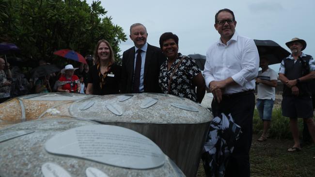 Lingiari MP Marion Scrymgour (second from right) and Solomon MP Luke Gosling (right) joined Mr Albanese.